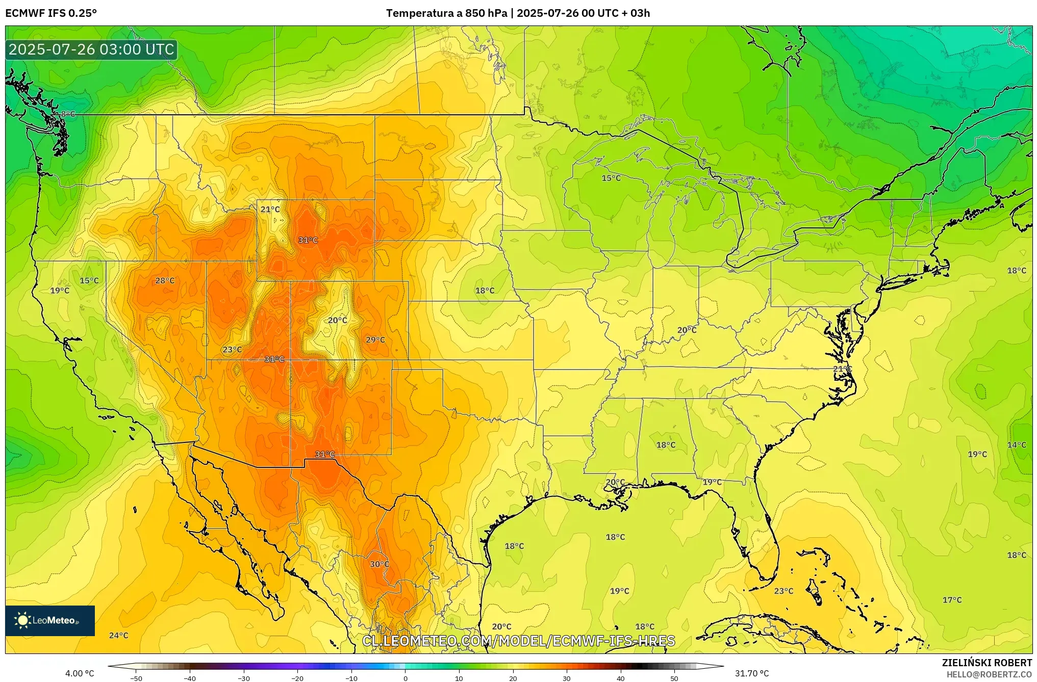 ECMWF IFS 0.25° model - Estados Unidos, Temperatura a 850 hPa