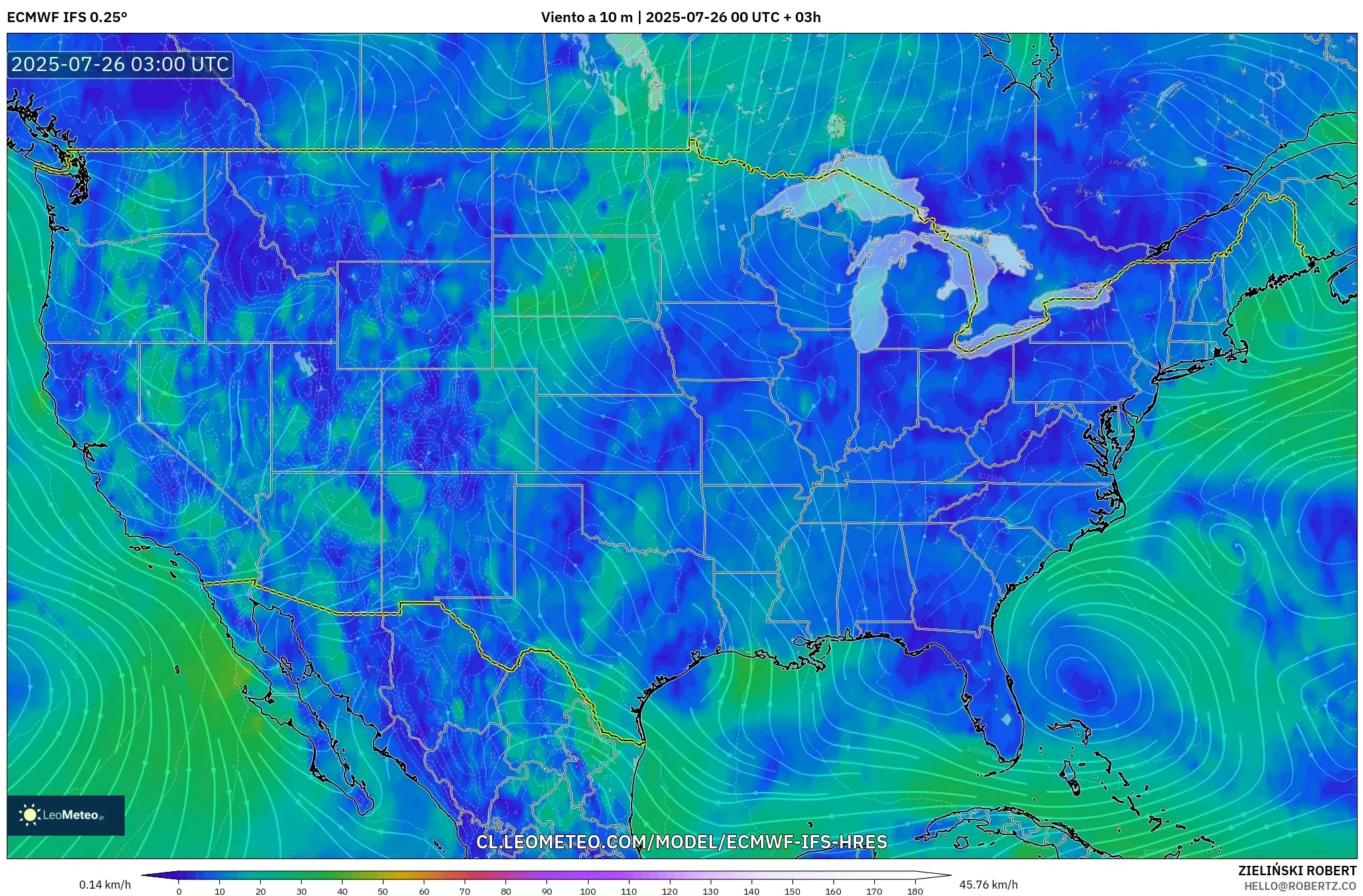 ECMWF IFS 0.25° model - Estados Unidos, Viento a 10 m