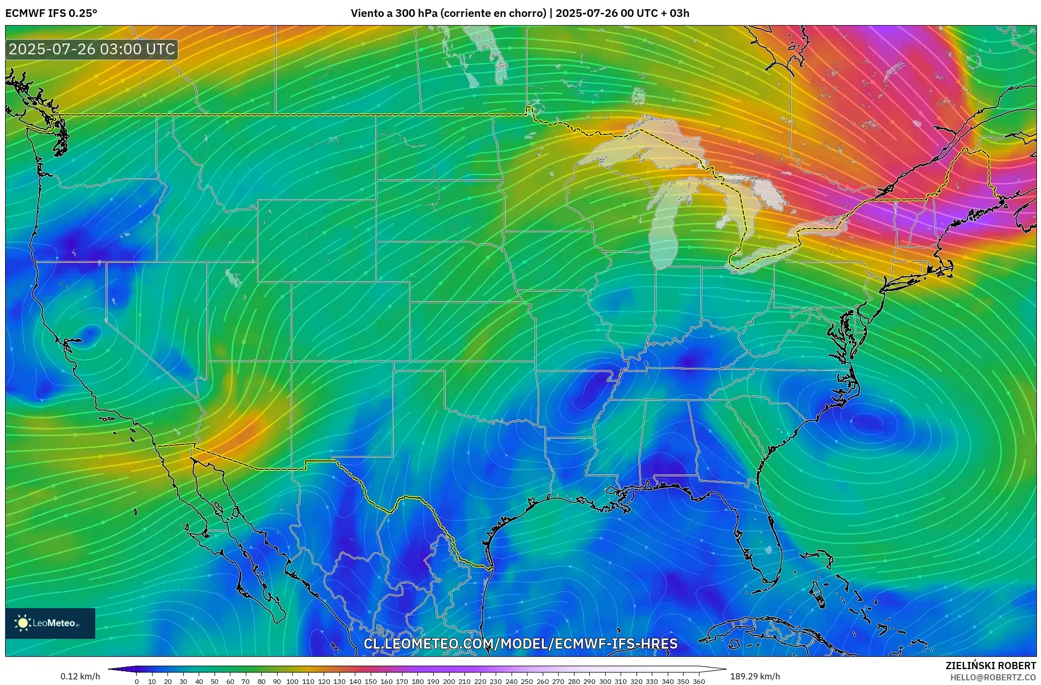 ECMWF IFS 0.25° model - Estados Unidos, Viento a 300 hPa (corriente en chorro)