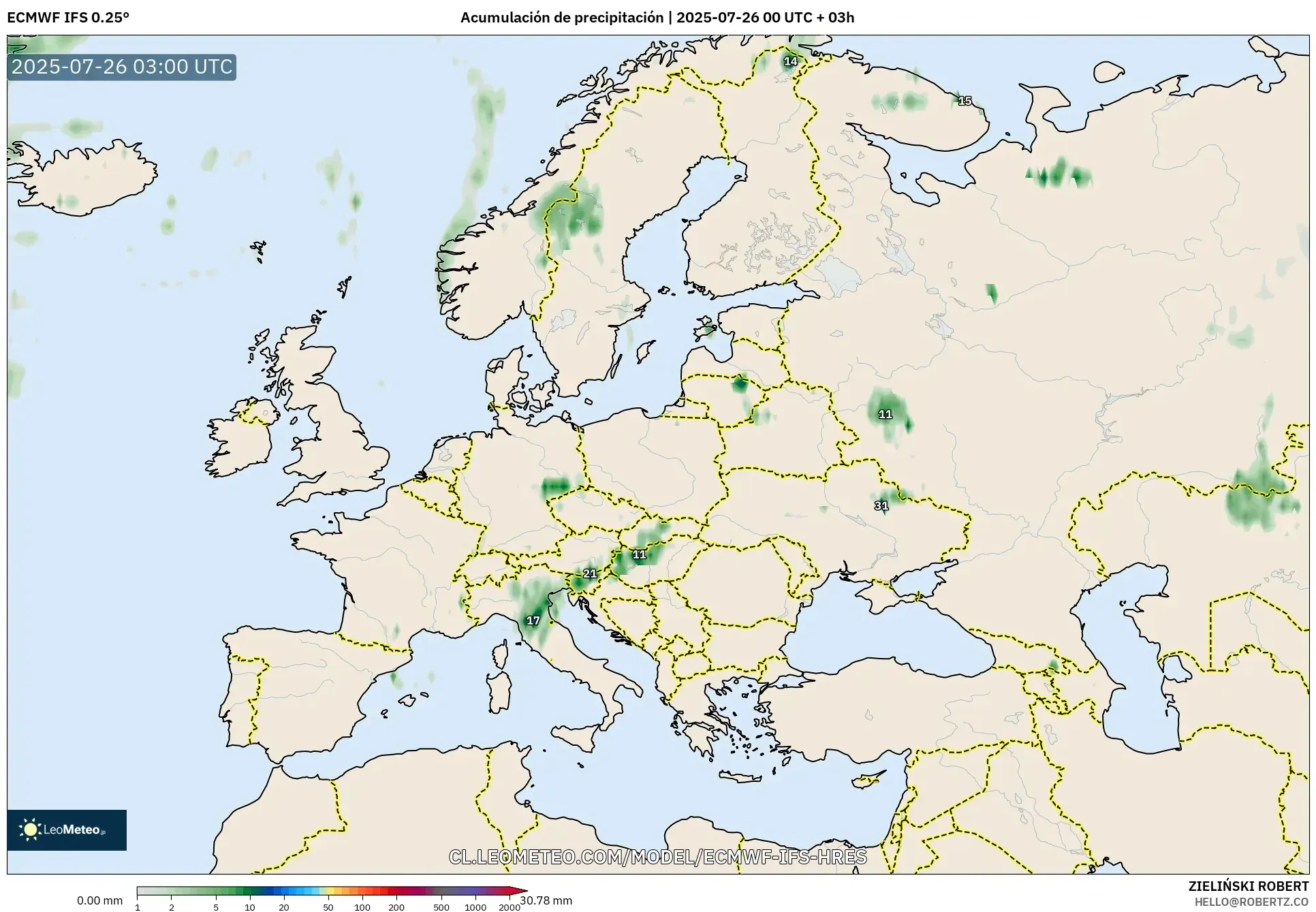 ECMWF IFS 0.25° model - Europa, Acumulación de precipitación