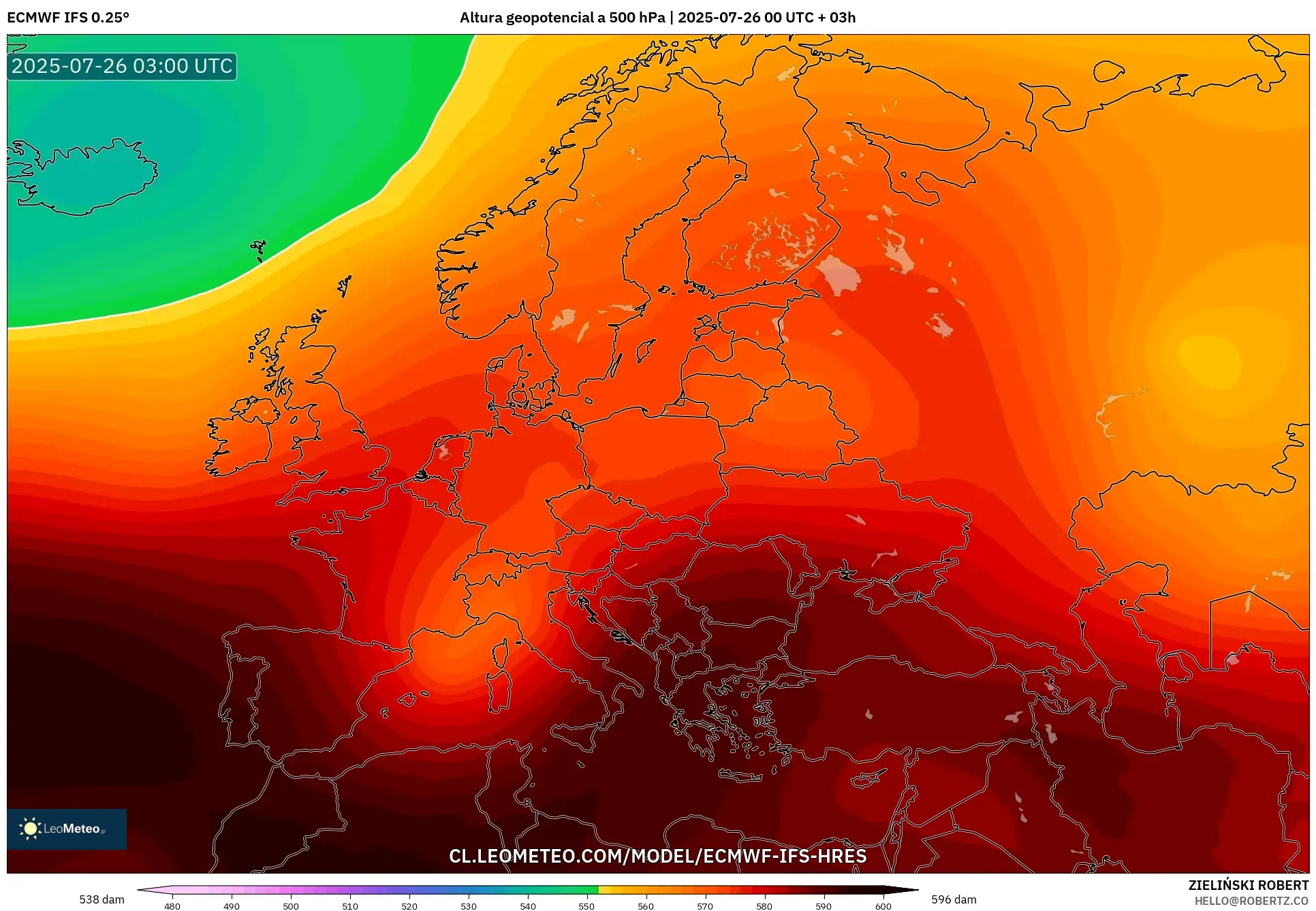 ECMWF IFS 0.25° model - Europa, Altura geopotencial a 500 hPa