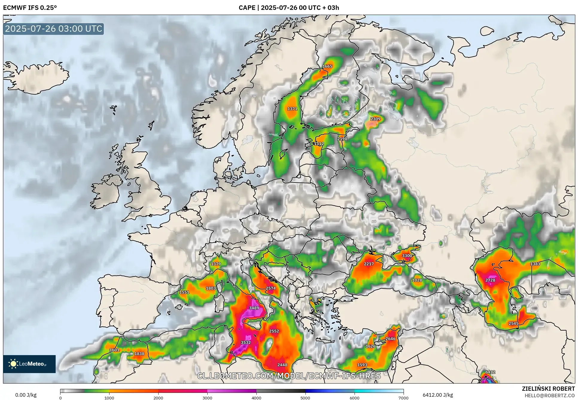 ECMWF IFS 0.25° model - Europa, CAPE