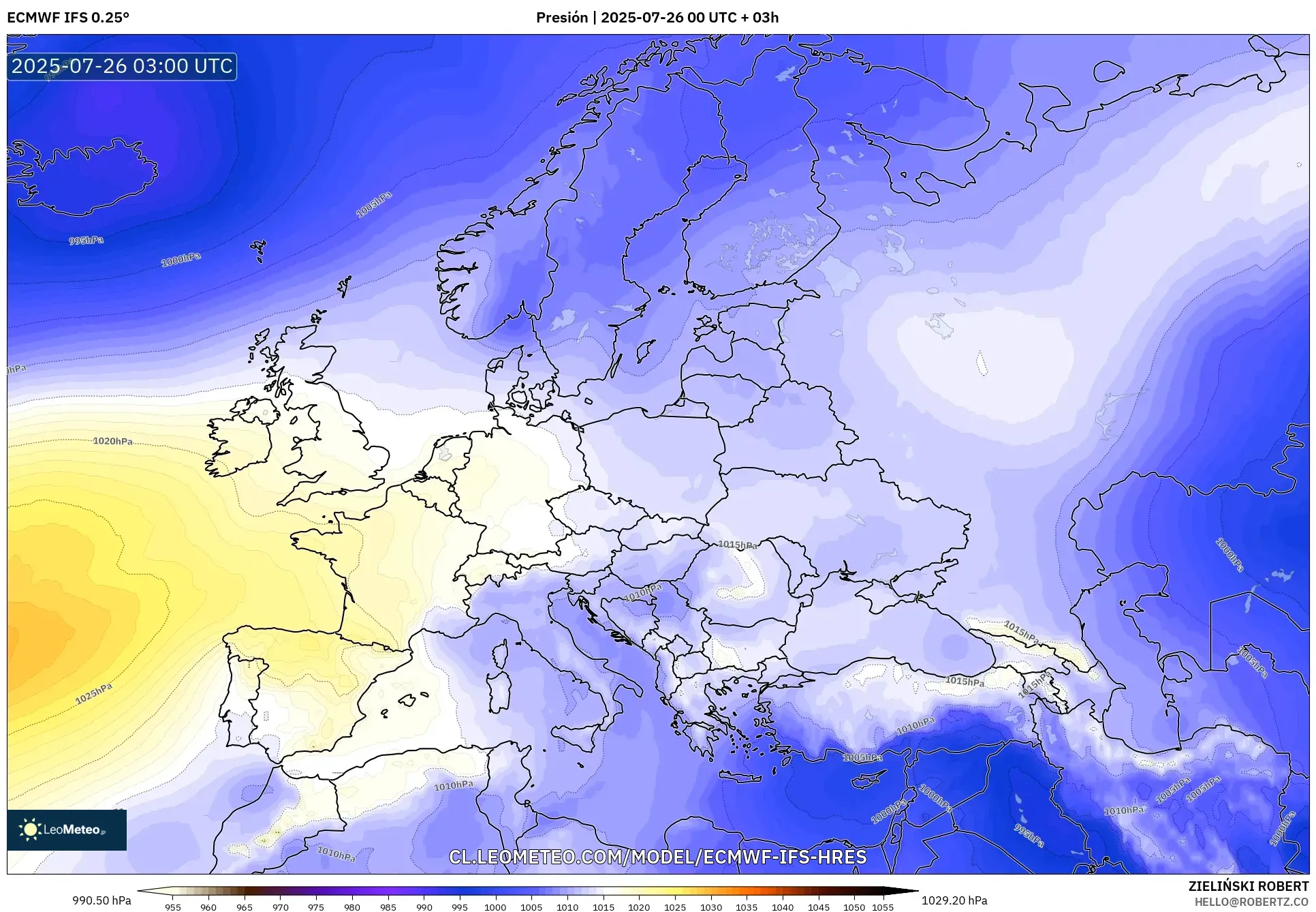 ECMWF IFS 0.25° model - Europa, Presión