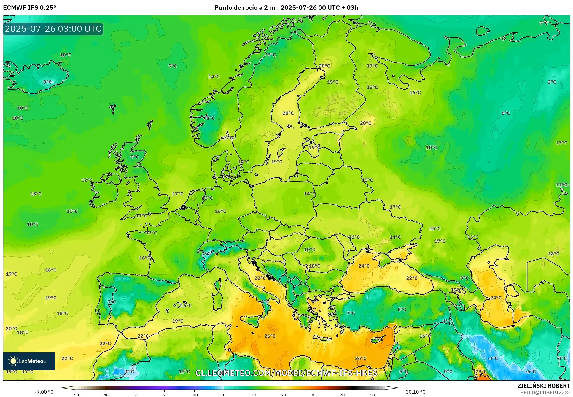 ECMWF IFS 0.25° model - Europa, Punto de rocío a 2 m