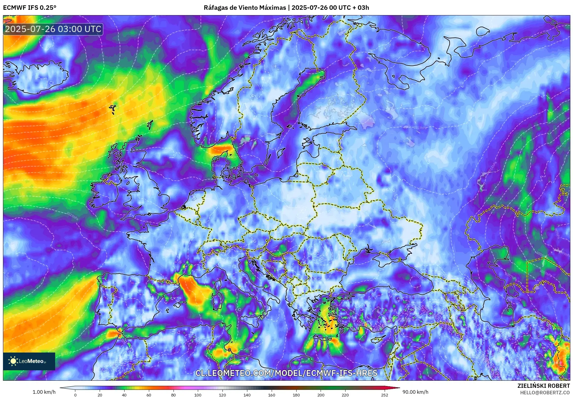 ECMWF IFS 0.25° model - Europa, Ráfagas de Viento Máximas