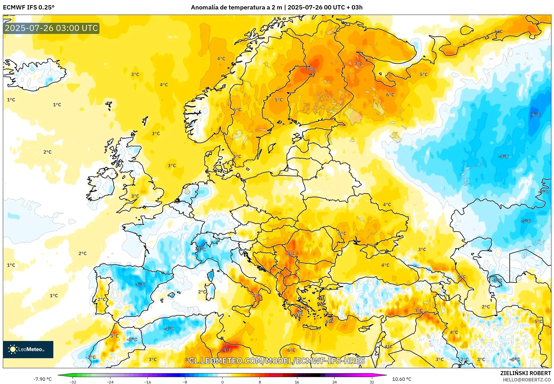 ECMWF IFS 0.25° model - Europa, Anomalía de temperatura a 2 m