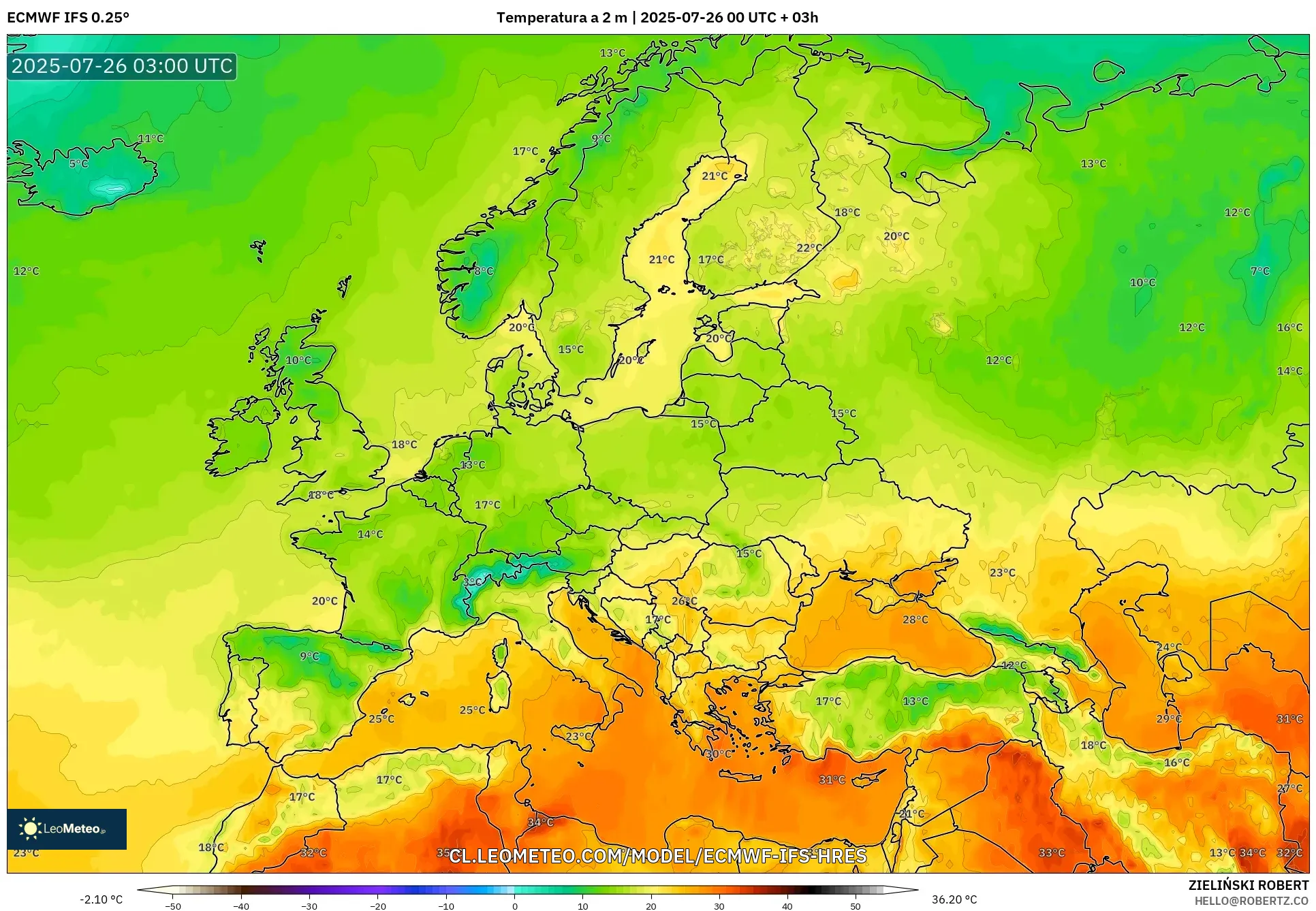 ECMWF IFS 0.25° model - Europa, Temperatura a 2 m