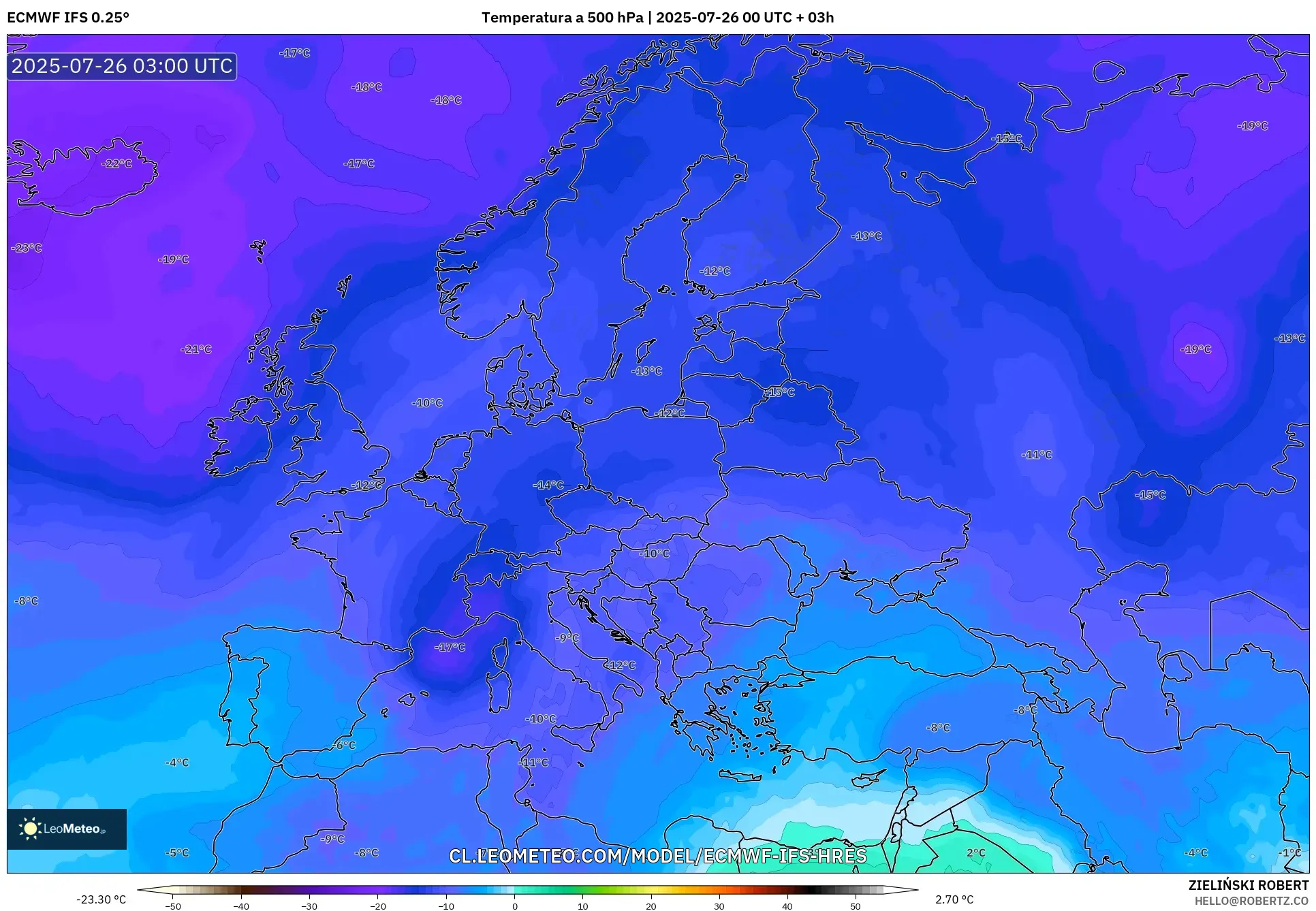 ECMWF IFS 0.25° model - Europa, Temperatura a 500 hPa