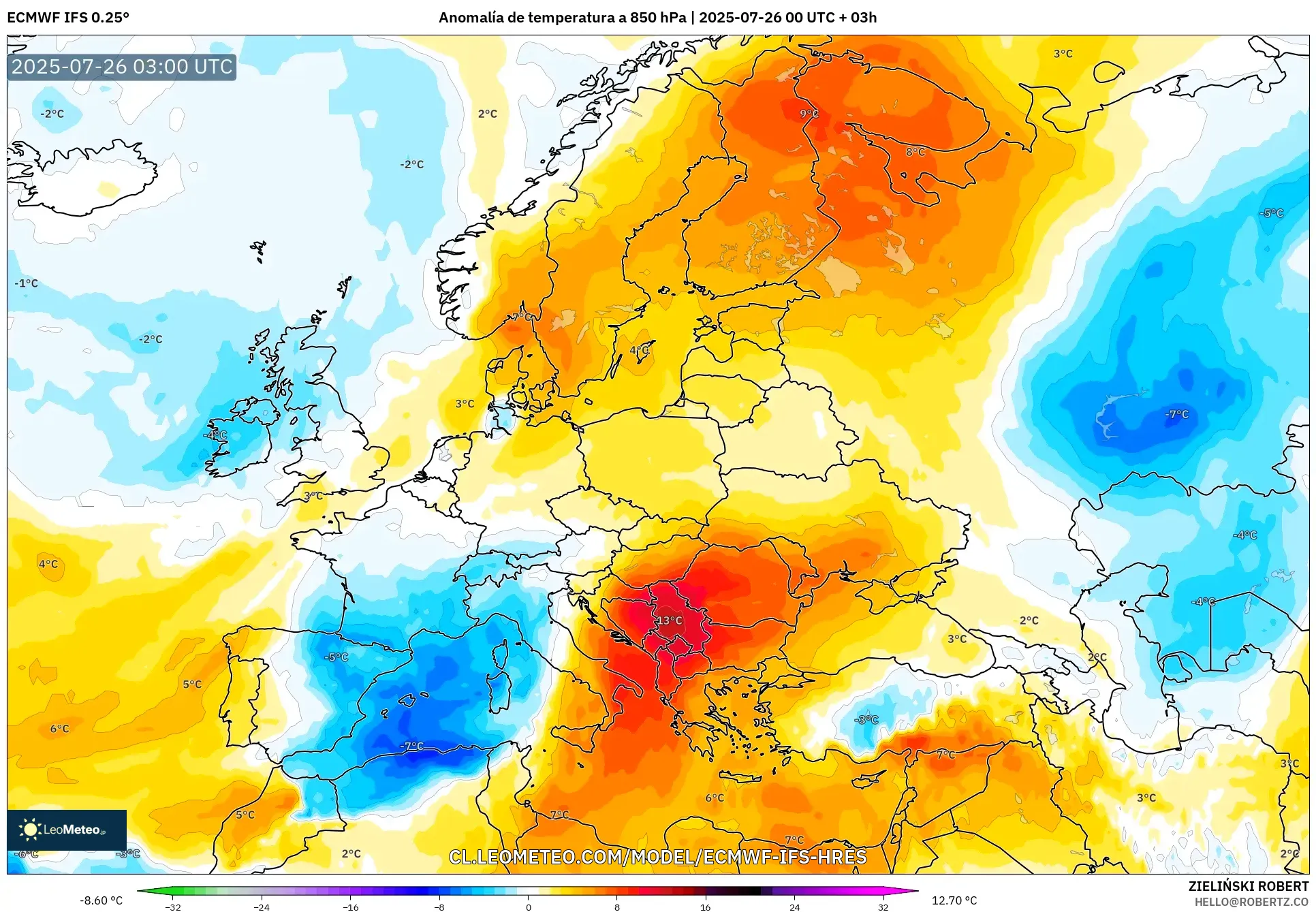 ECMWF IFS 0.25° model - Europa, Anomalía de temperatura a 850 hPa