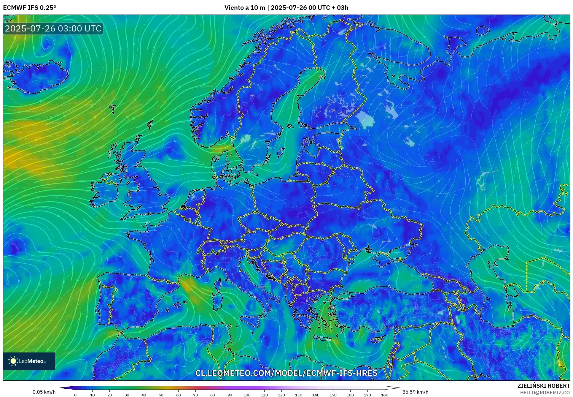 ECMWF IFS 0.25° model - Europa, Viento a 10 m