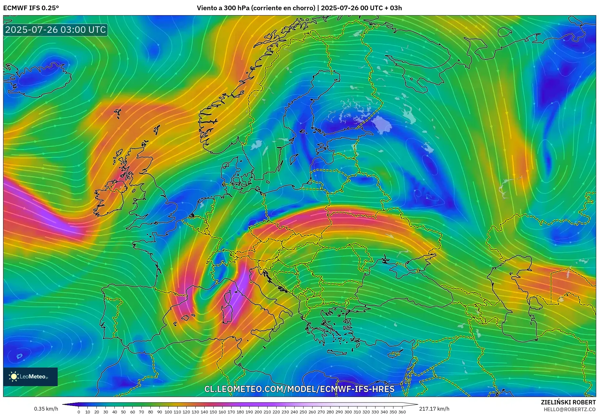 ECMWF IFS 0.25° model - Europa, Viento a 300 hPa (corriente en chorro)