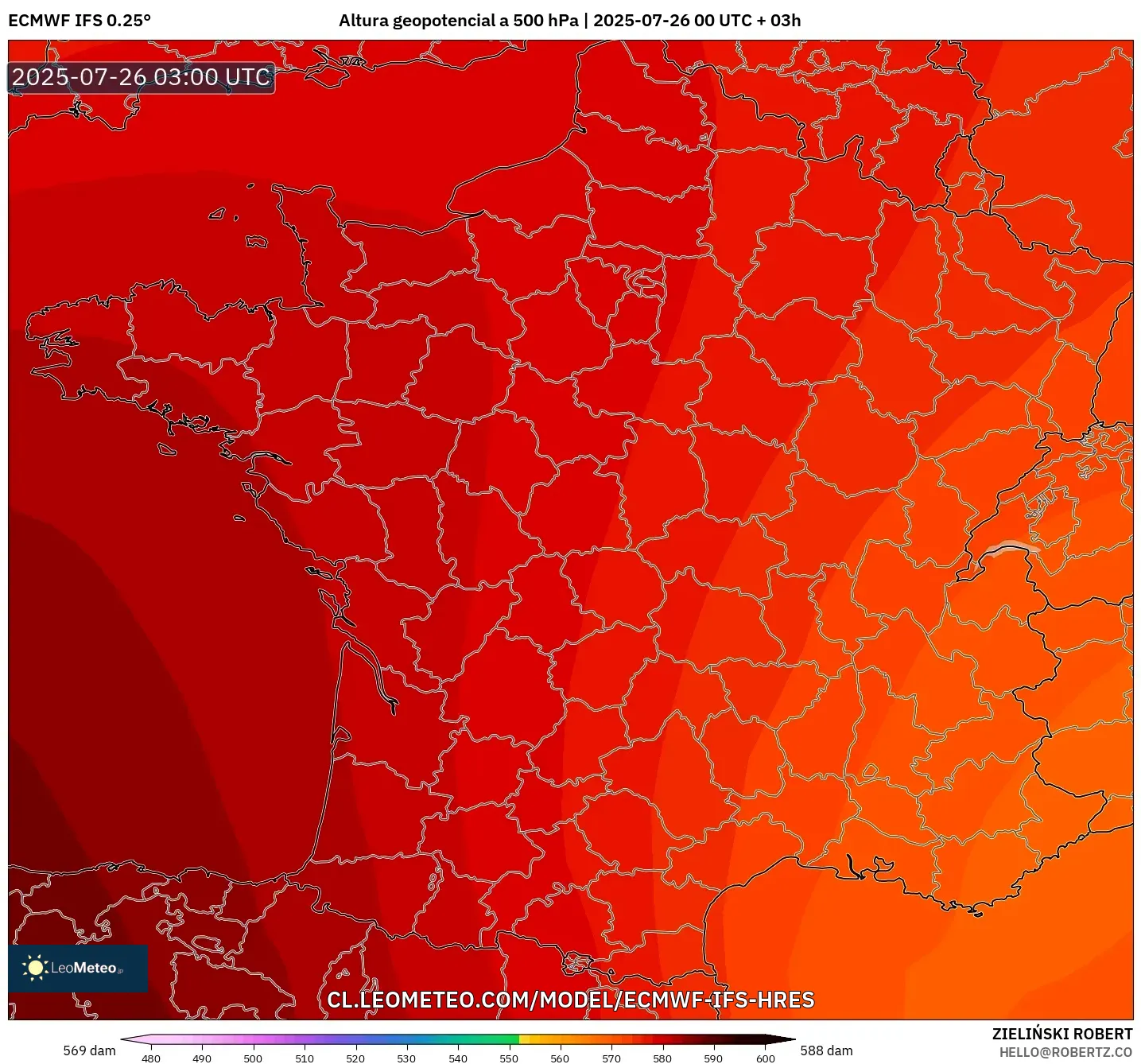 ECMWF IFS 0.25° model - Francia, Altura geopotencial a 500 hPa