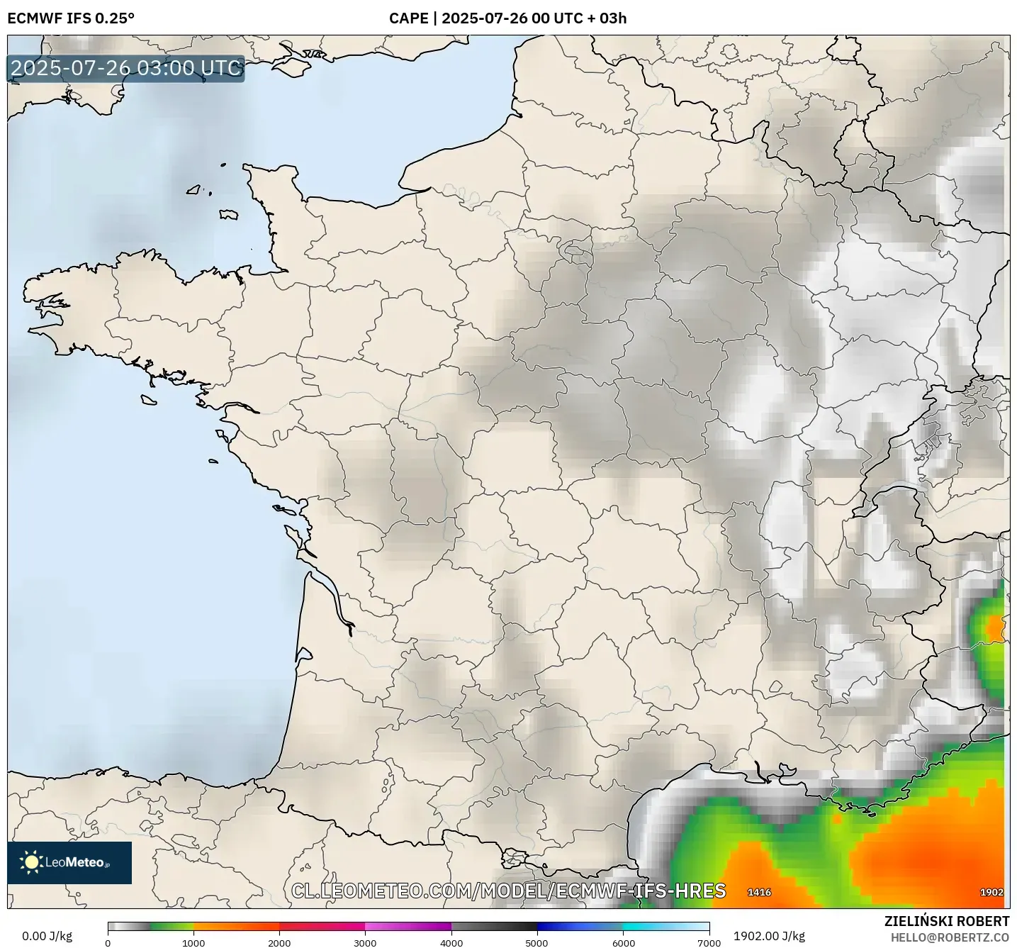 ECMWF IFS 0.25° model - Francia, CAPE