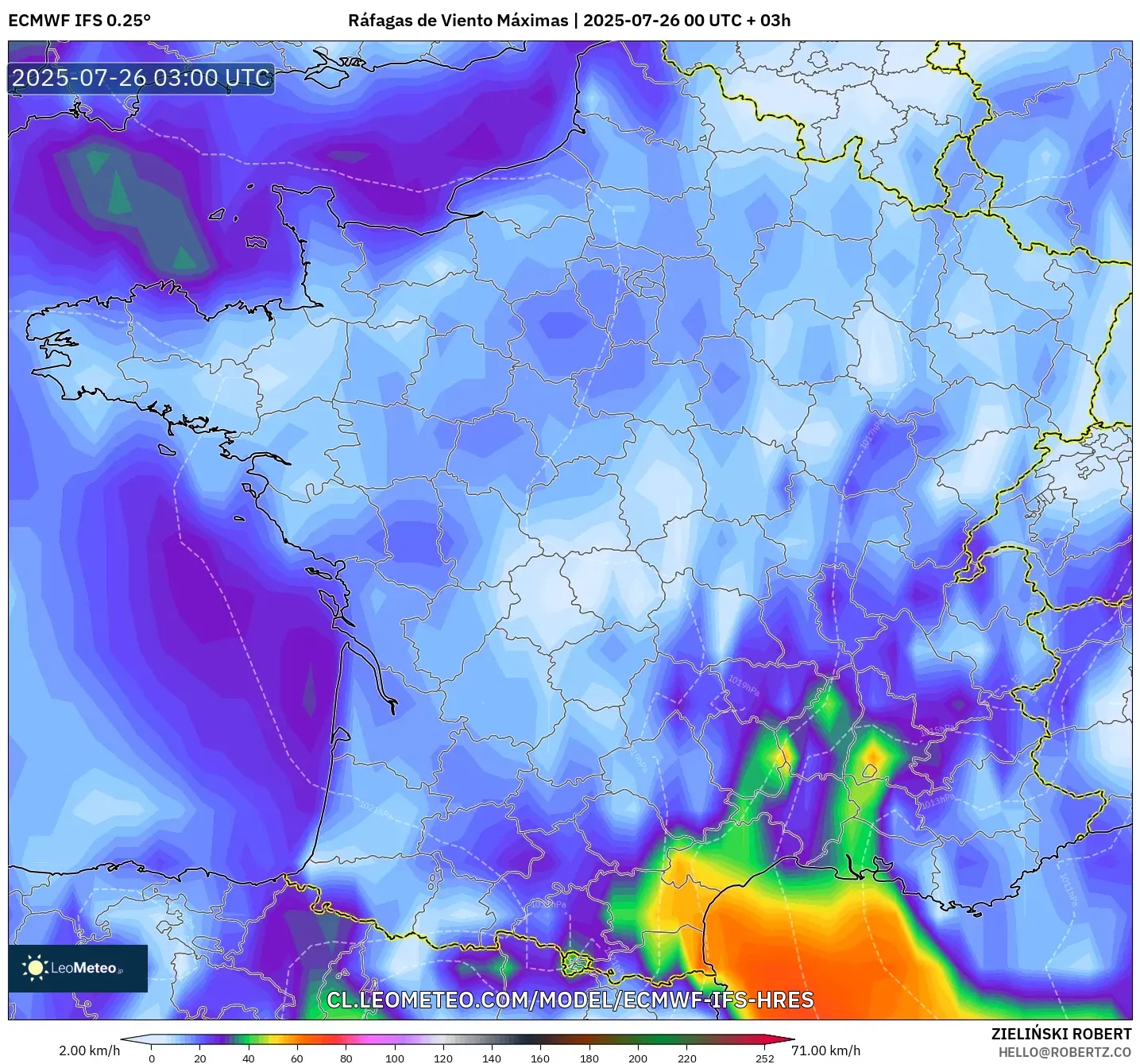 ECMWF IFS 0.25° model - Francia, Ráfagas de Viento Máximas