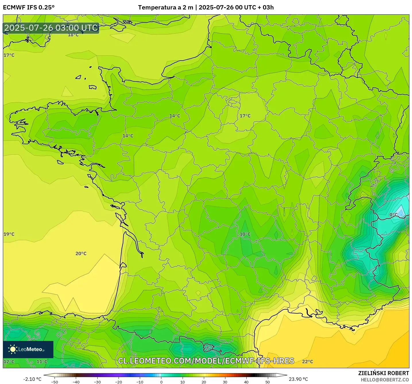 ECMWF IFS 0.25° model - Francia, Temperatura a 2 m