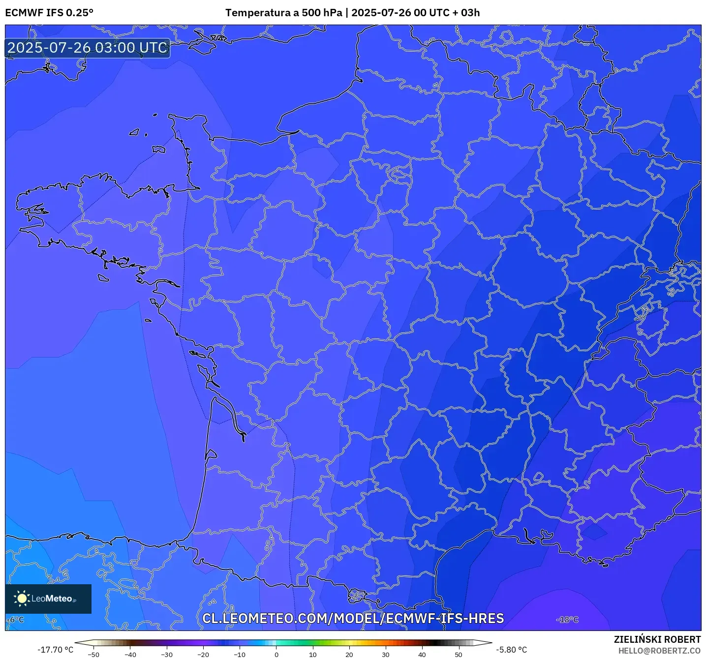 ECMWF IFS 0.25° model - Francia, Temperatura a 500 hPa