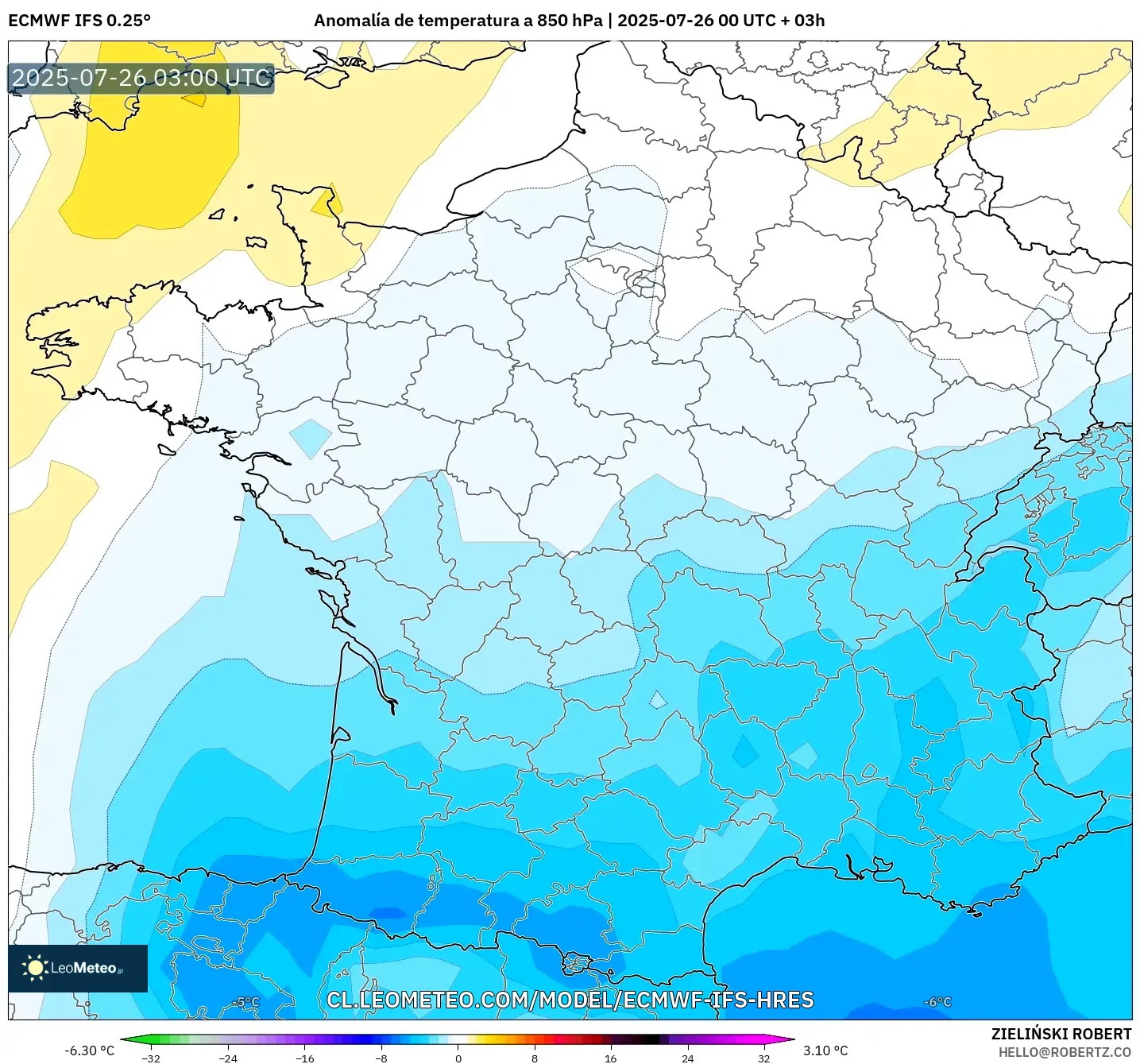 ECMWF IFS 0.25° model - Francia, Anomalía de temperatura a 850 hPa
