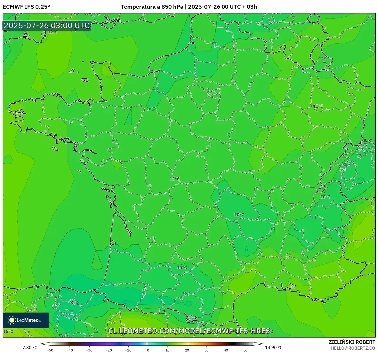 ECMWF IFS 0.25° model - Francia, Temperatura a 850 hPa