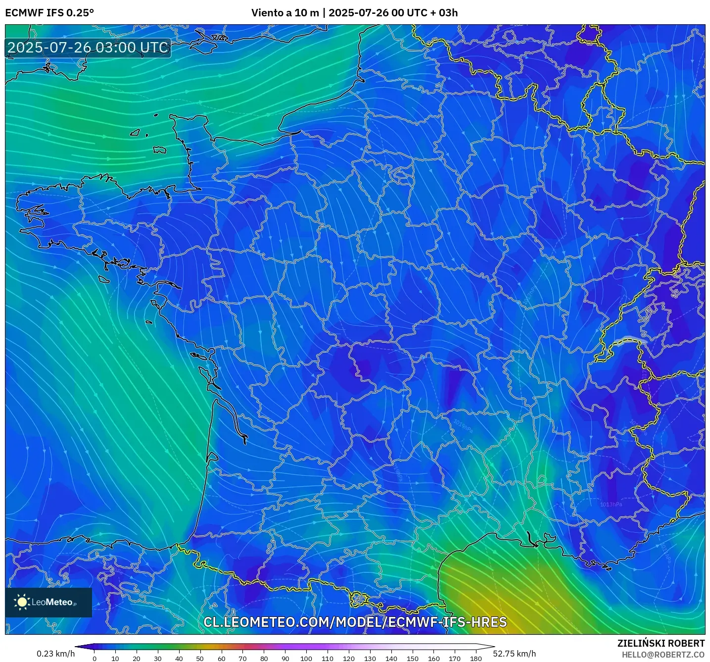 ECMWF IFS 0.25° model - Francia, Viento a 10 m