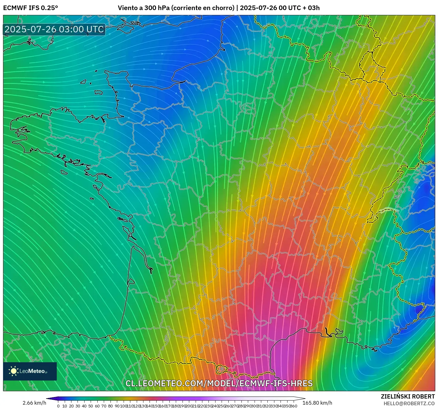 ECMWF IFS 0.25° model - Francia, Viento a 300 hPa (corriente en chorro)