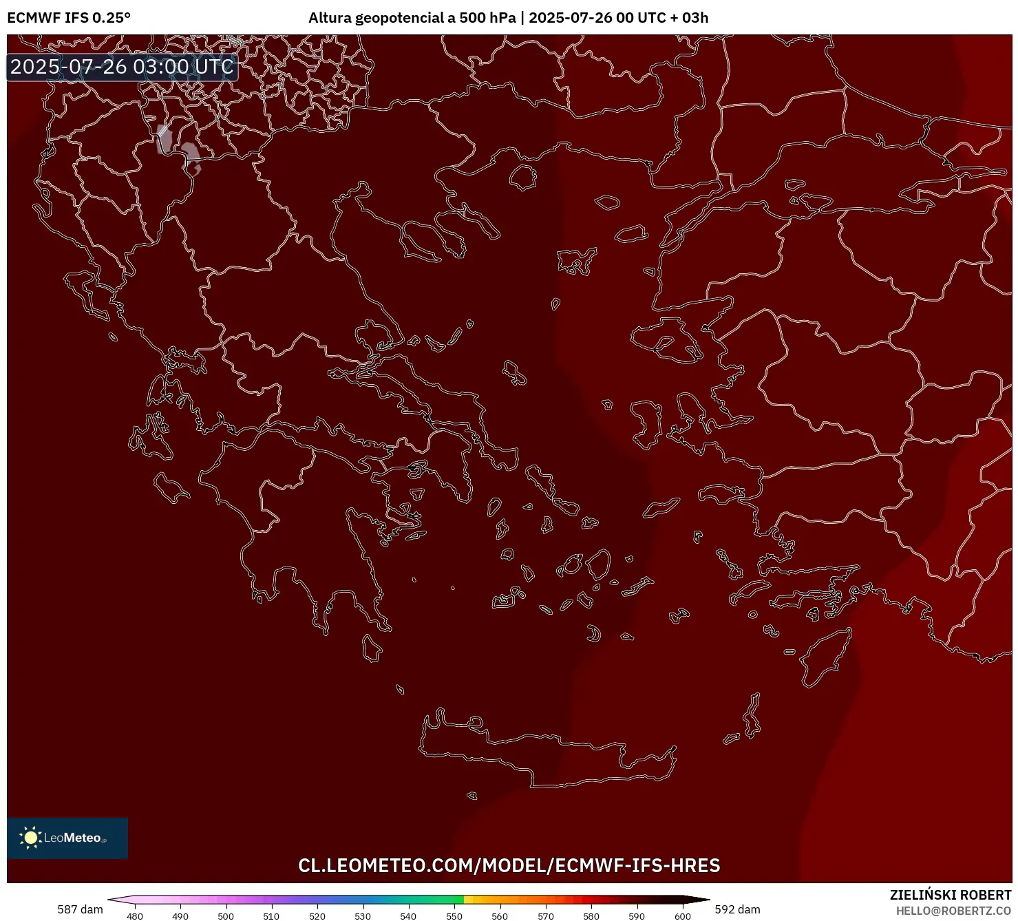 ECMWF IFS 0.25° model - Grecia, Altura geopotencial a 500 hPa
