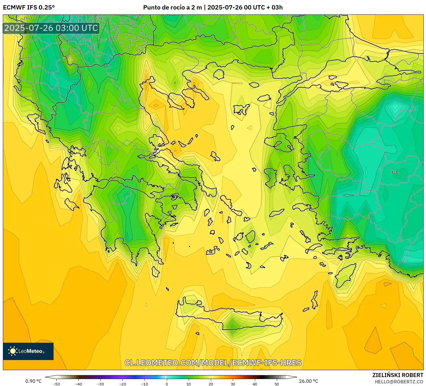 ECMWF IFS 0.25° model - Grecia, Punto de rocío a 2 m