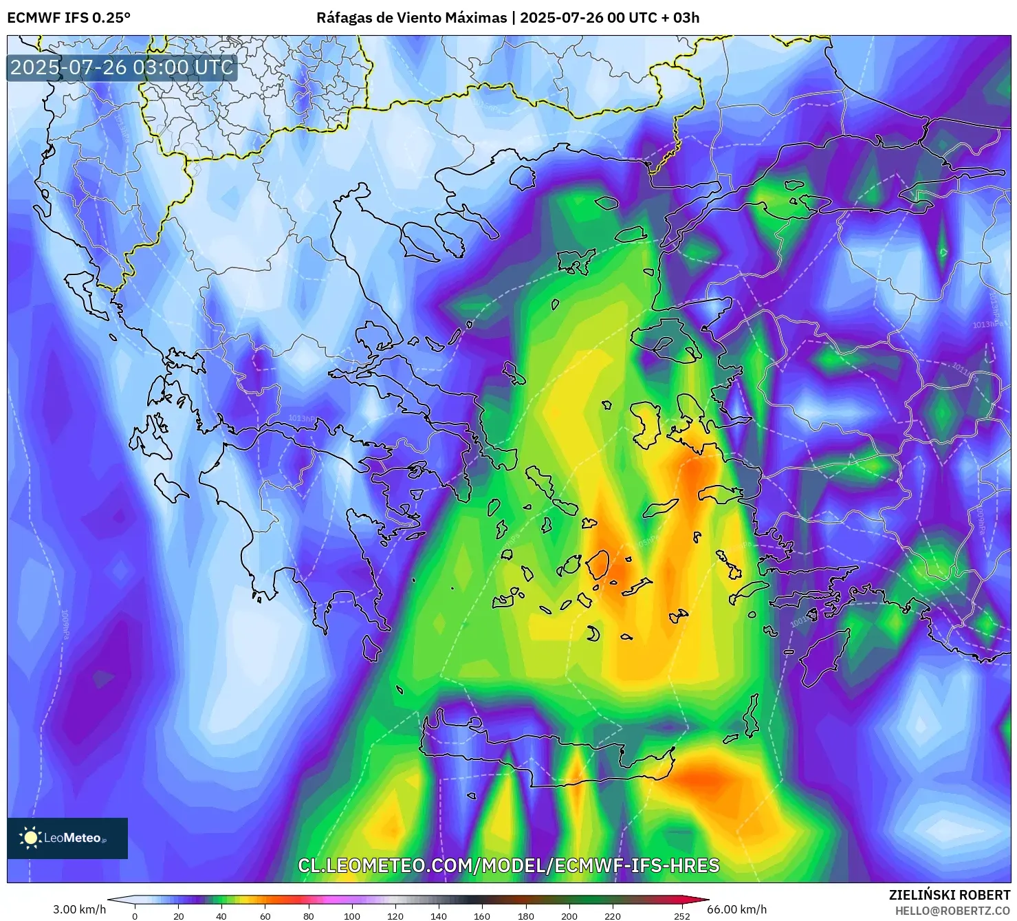 ECMWF IFS 0.25° model - Grecia, Ráfagas de Viento Máximas