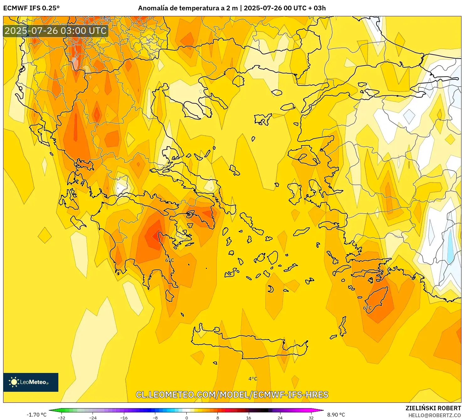 ECMWF IFS 0.25° model - Grecia, Anomalía de temperatura a 2 m