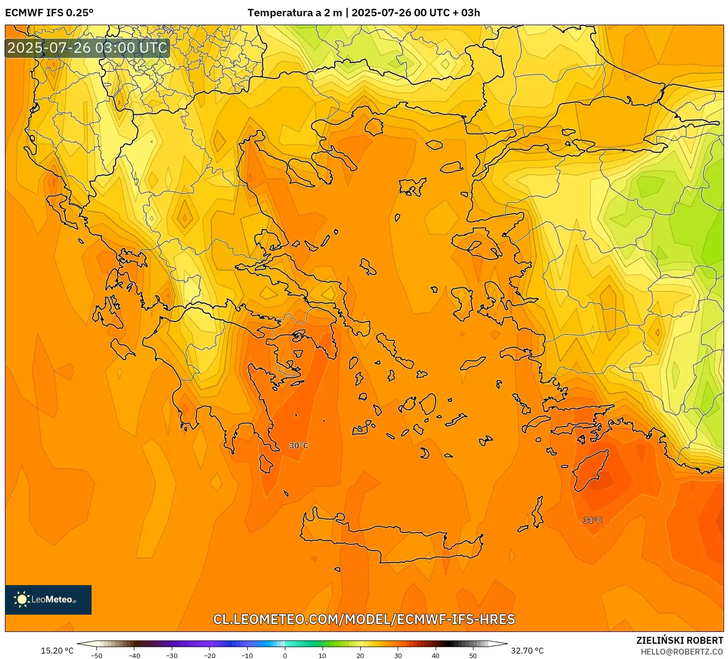 ECMWF IFS 0.25° model - Grecia, Temperatura a 2 m