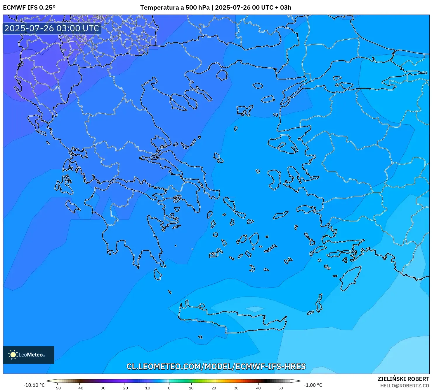ECMWF IFS 0.25° model - Grecia, Temperatura a 500 hPa