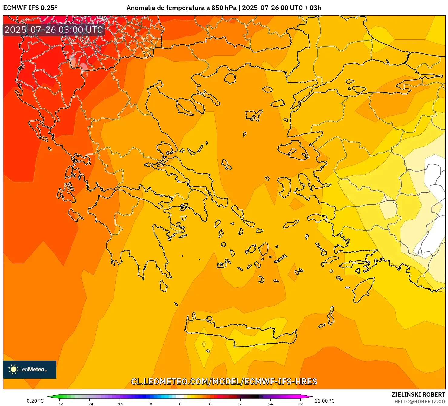 ECMWF IFS 0.25° model - Grecia, Anomalía de temperatura a 850 hPa