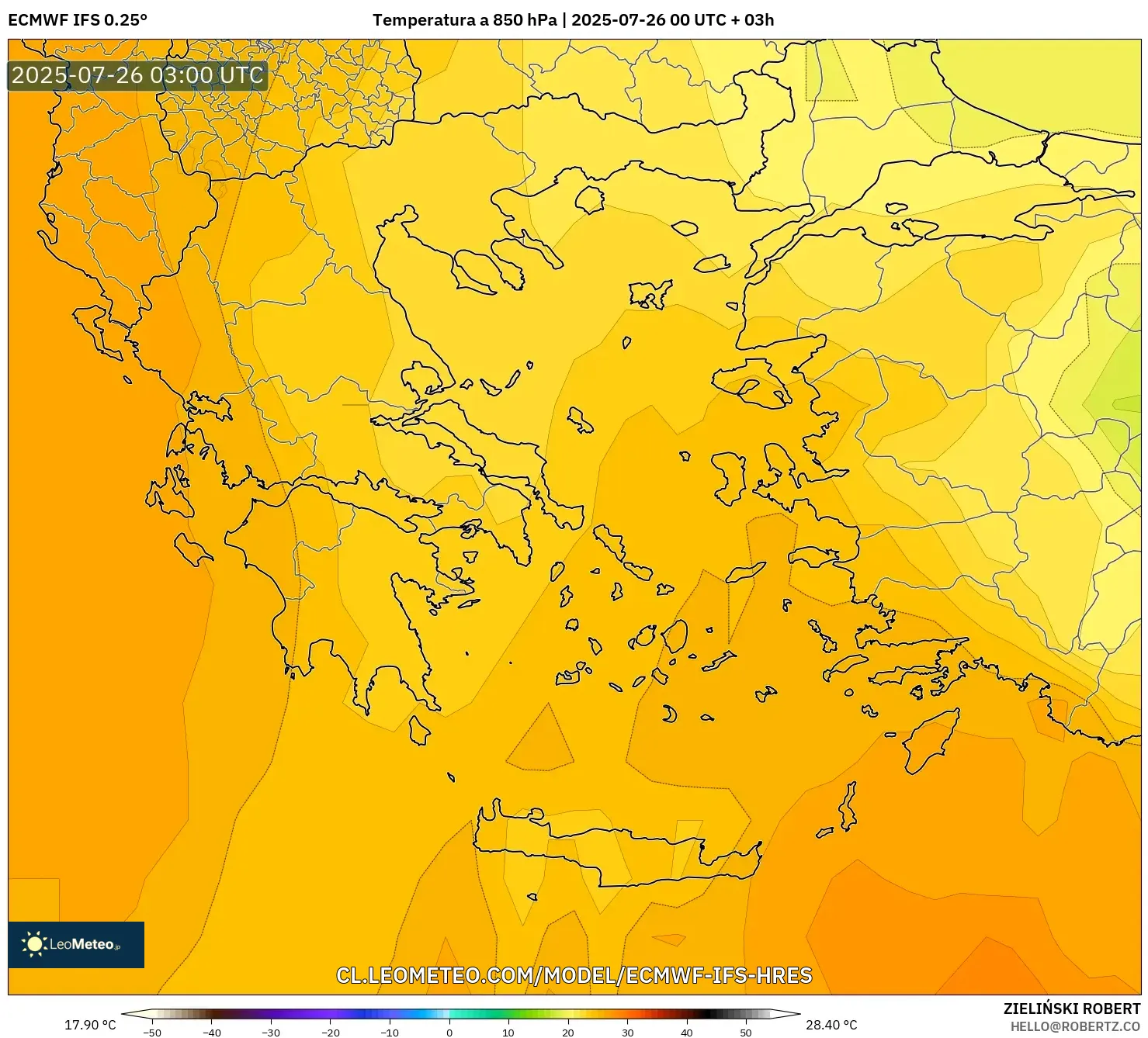 ECMWF IFS 0.25° model - Grecia, Temperatura a 850 hPa