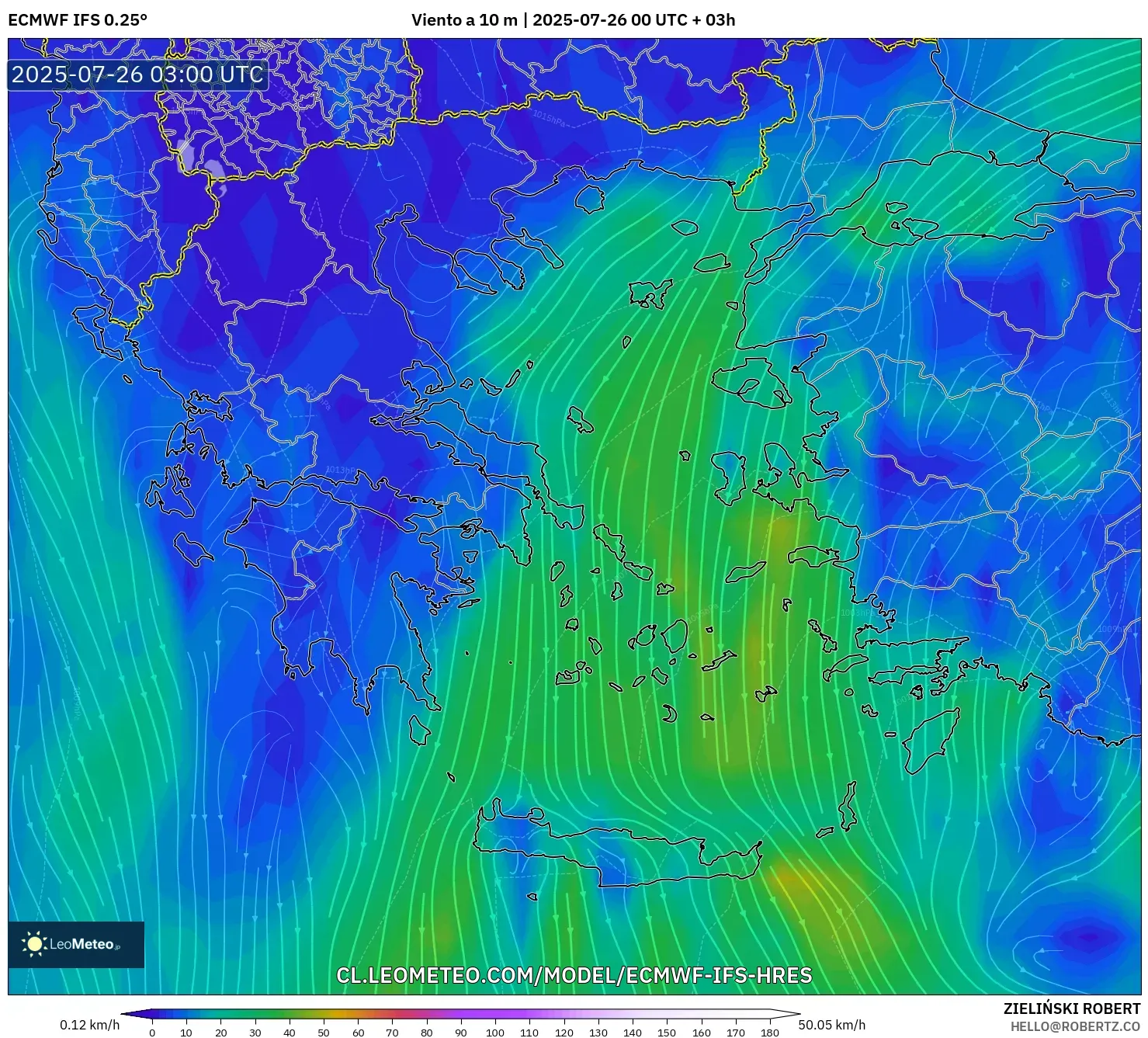 ECMWF IFS 0.25° model - Grecia, Viento a 10 m