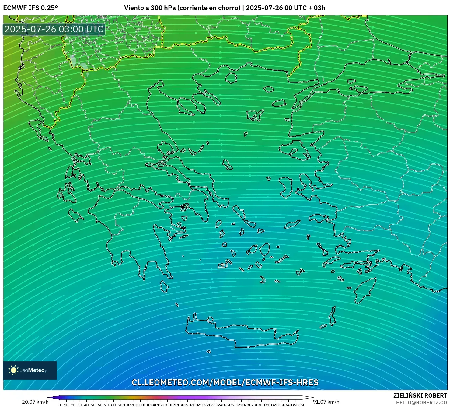 ECMWF IFS 0.25° model - Grecia, Viento a 300 hPa (corriente en chorro)