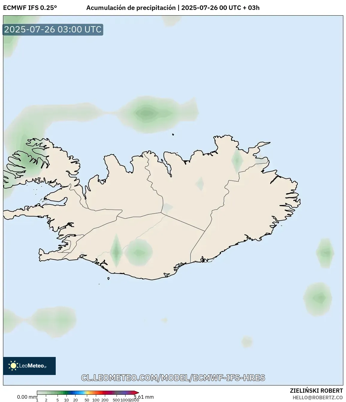 ECMWF IFS 0.25° model - Islandia, Acumulación de precipitación