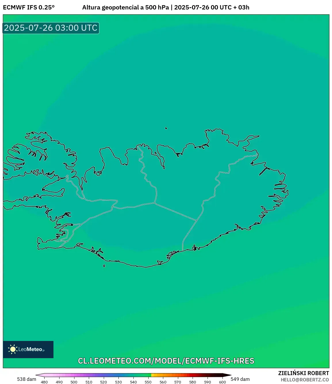 ECMWF IFS 0.25° model - Islandia, Altura geopotencial a 500 hPa