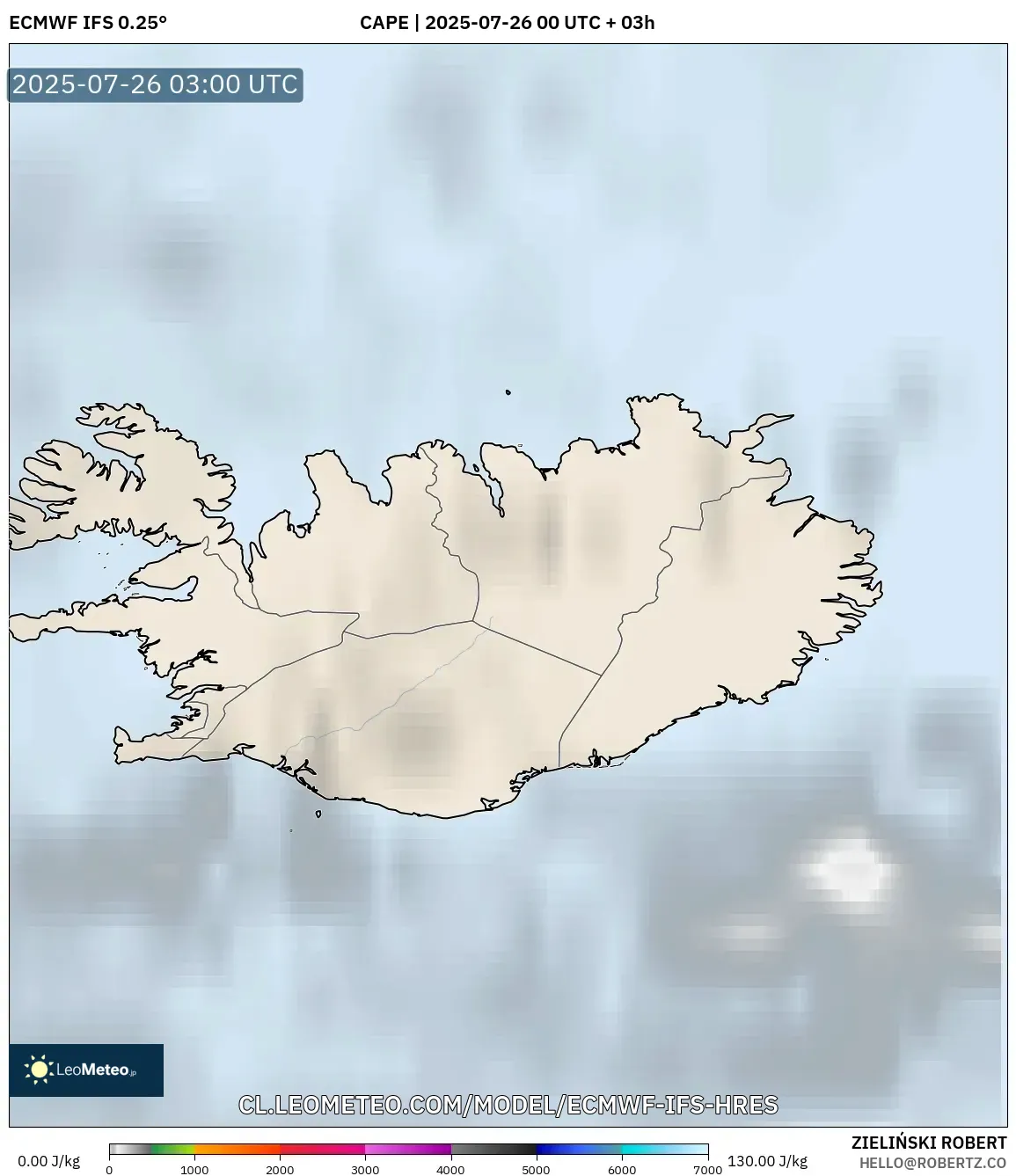 ECMWF IFS 0.25° model - Islandia, CAPE
