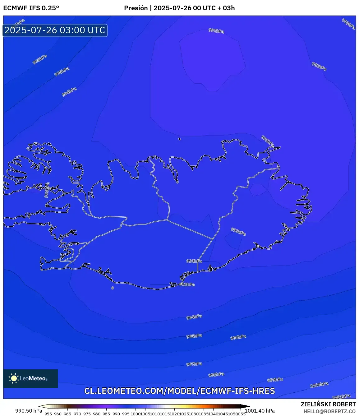 ECMWF IFS 0.25° model - Islandia, Presión
