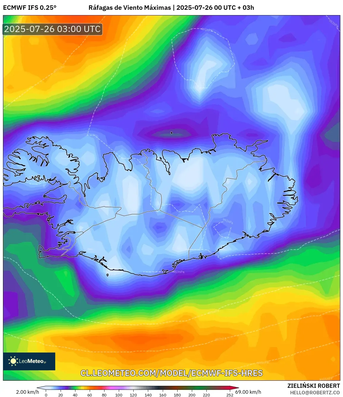 ECMWF IFS 0.25° model - Islandia, Ráfagas de Viento Máximas