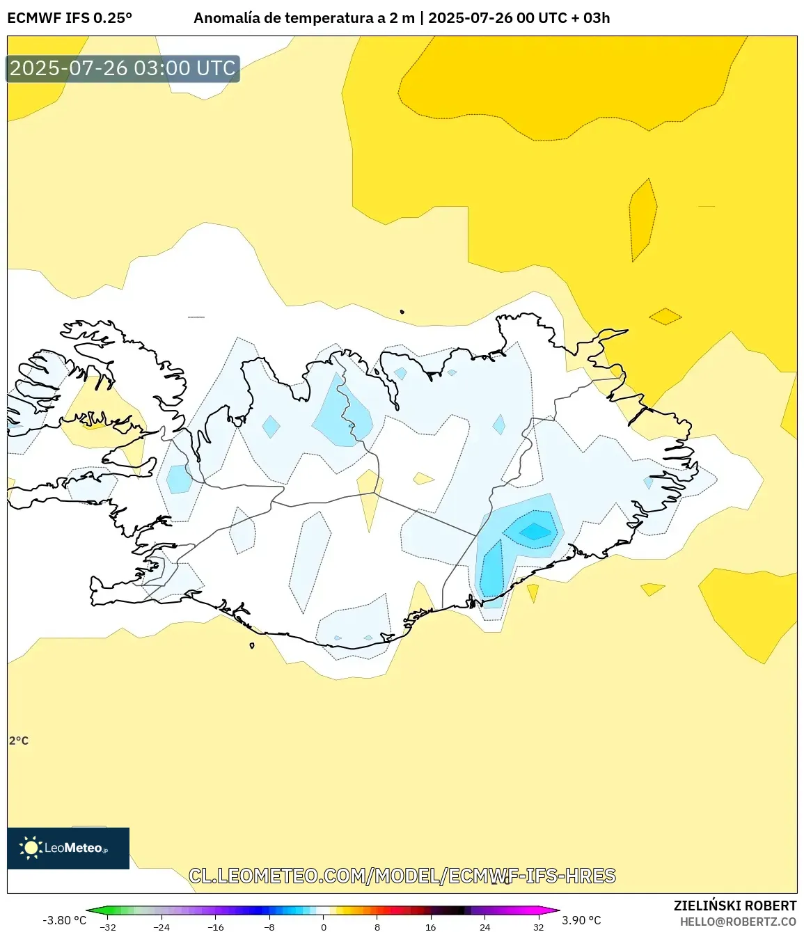 ECMWF IFS 0.25° model - Islandia, Anomalía de temperatura a 2 m