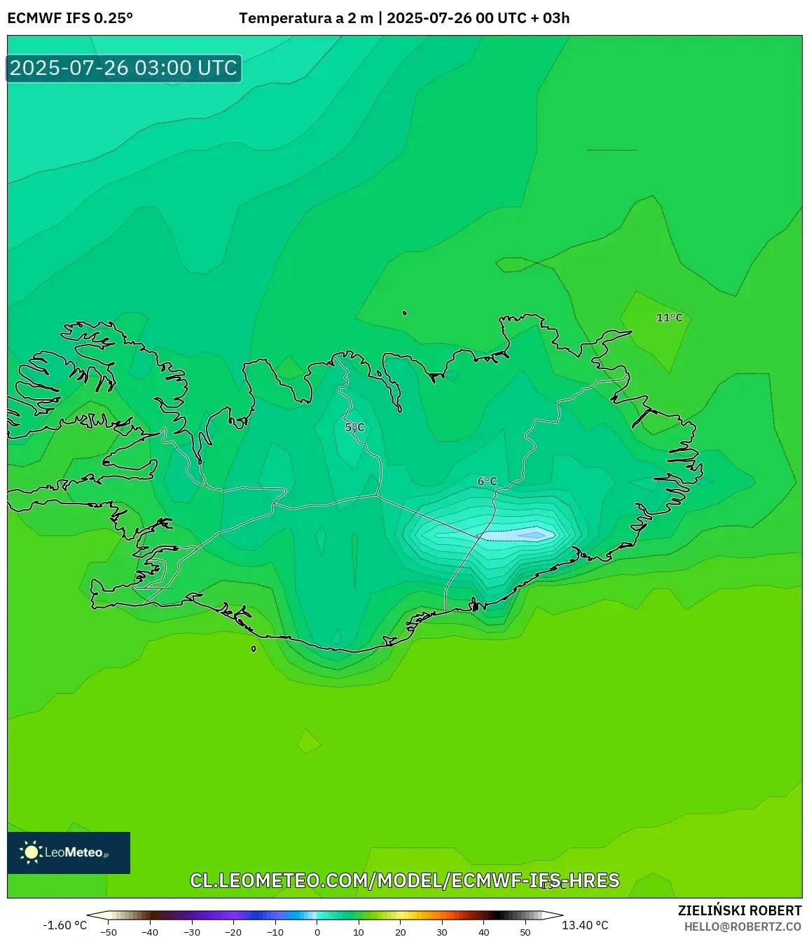 ECMWF IFS 0.25° model - Islandia, Temperatura a 2 m