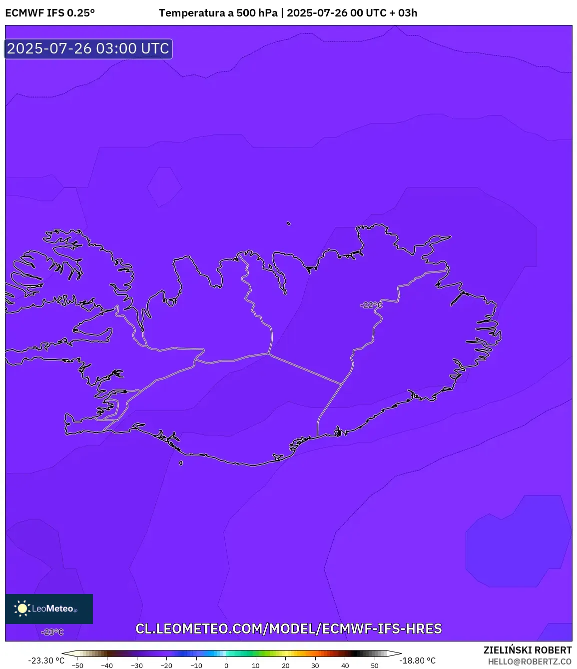 ECMWF IFS 0.25° model - Islandia, Temperatura a 500 hPa