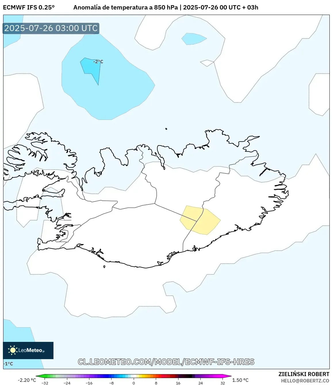 ECMWF IFS 0.25° model - Islandia, Anomalía de temperatura a 850 hPa