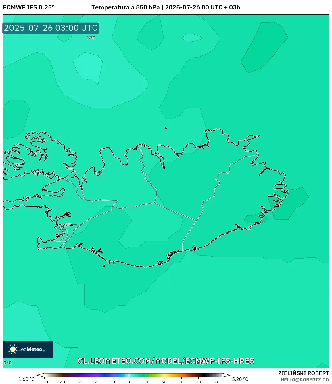 ECMWF IFS 0.25° model - Islandia, Temperatura a 850 hPa