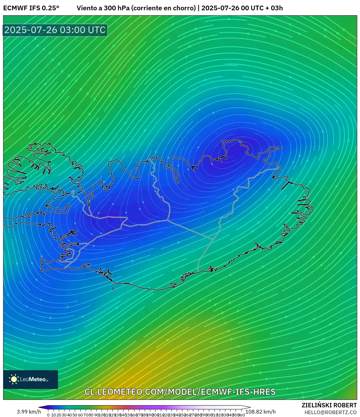 ECMWF IFS 0.25° model - Islandia, Viento a 300 hPa (corriente en chorro)