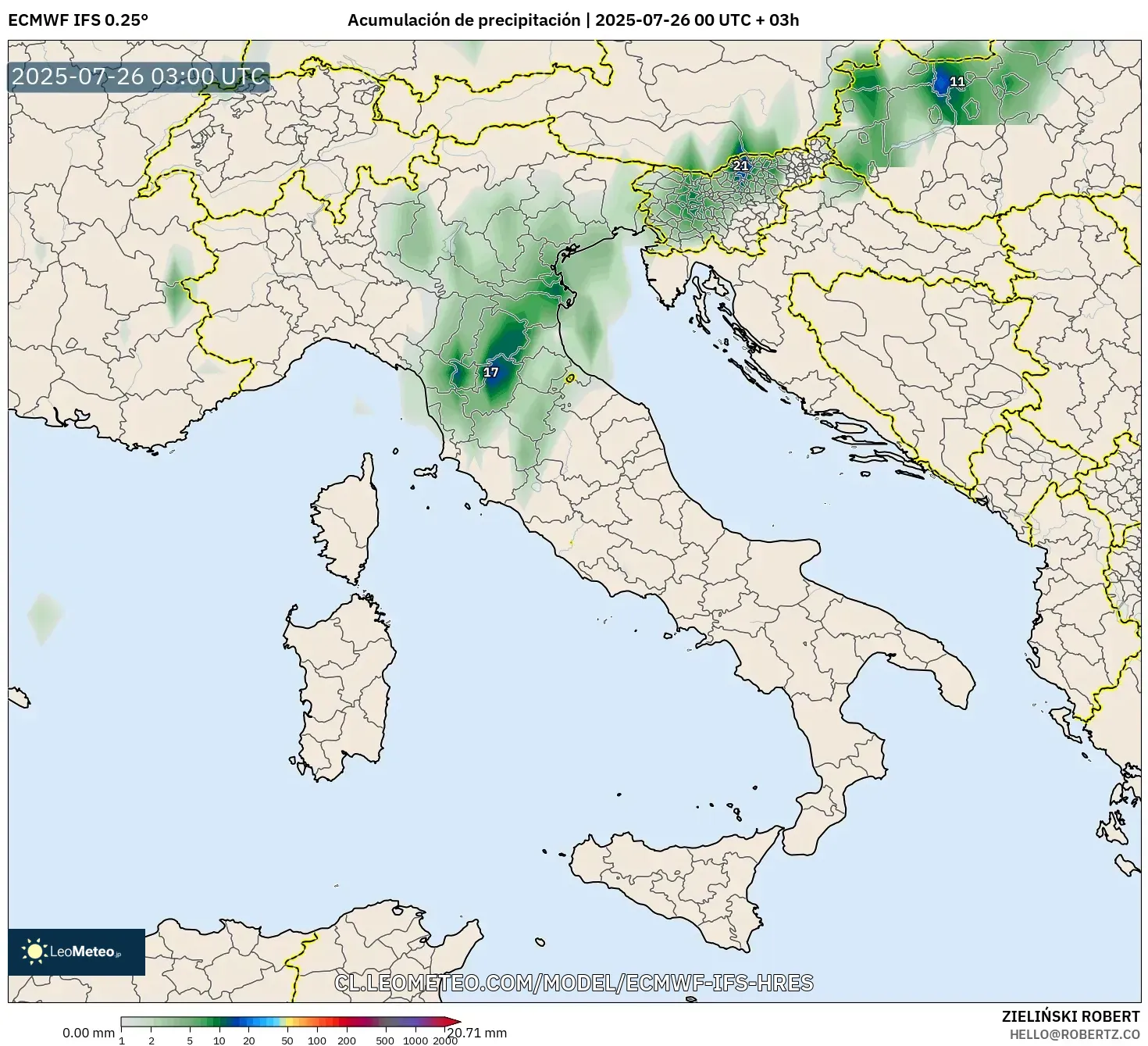 ECMWF IFS 0.25° model - Italia, Acumulación de precipitación