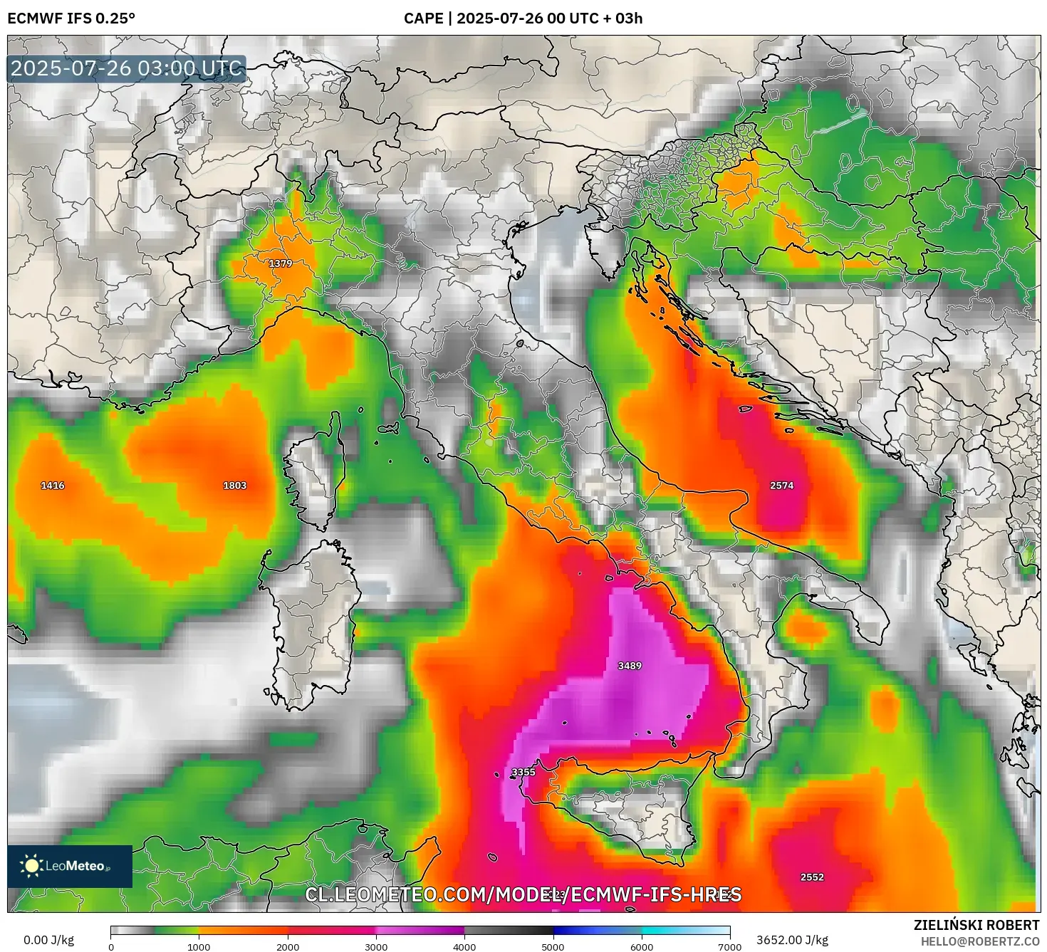 ECMWF IFS 0.25° model - Italia, CAPE