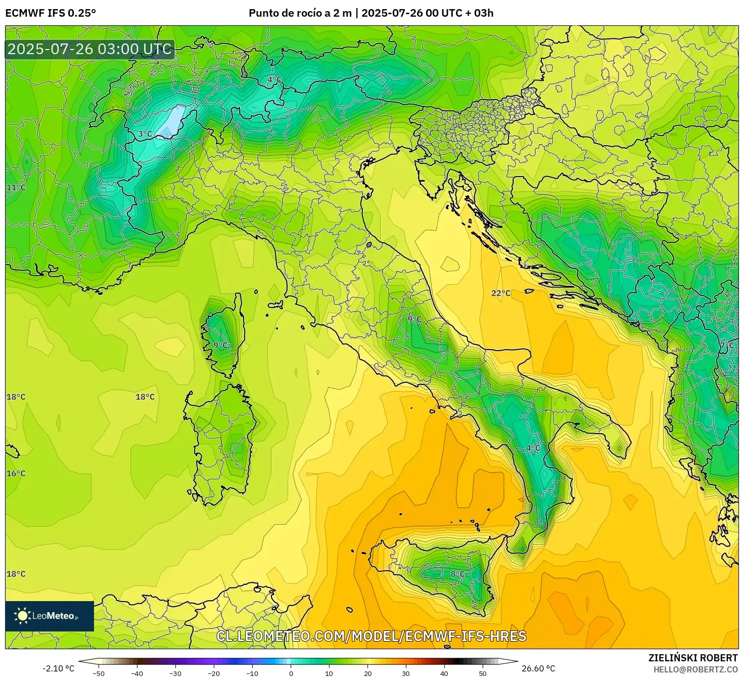 ECMWF IFS 0.25° model - Italia, Punto de rocío a 2 m