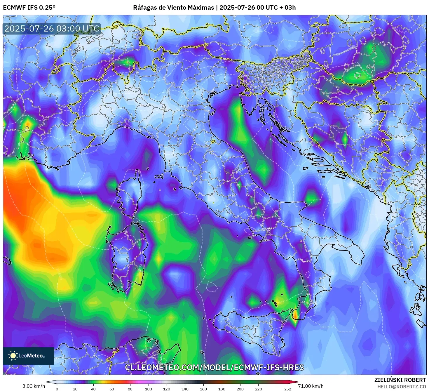 ECMWF IFS 0.25° model - Italia, Ráfagas de Viento Máximas