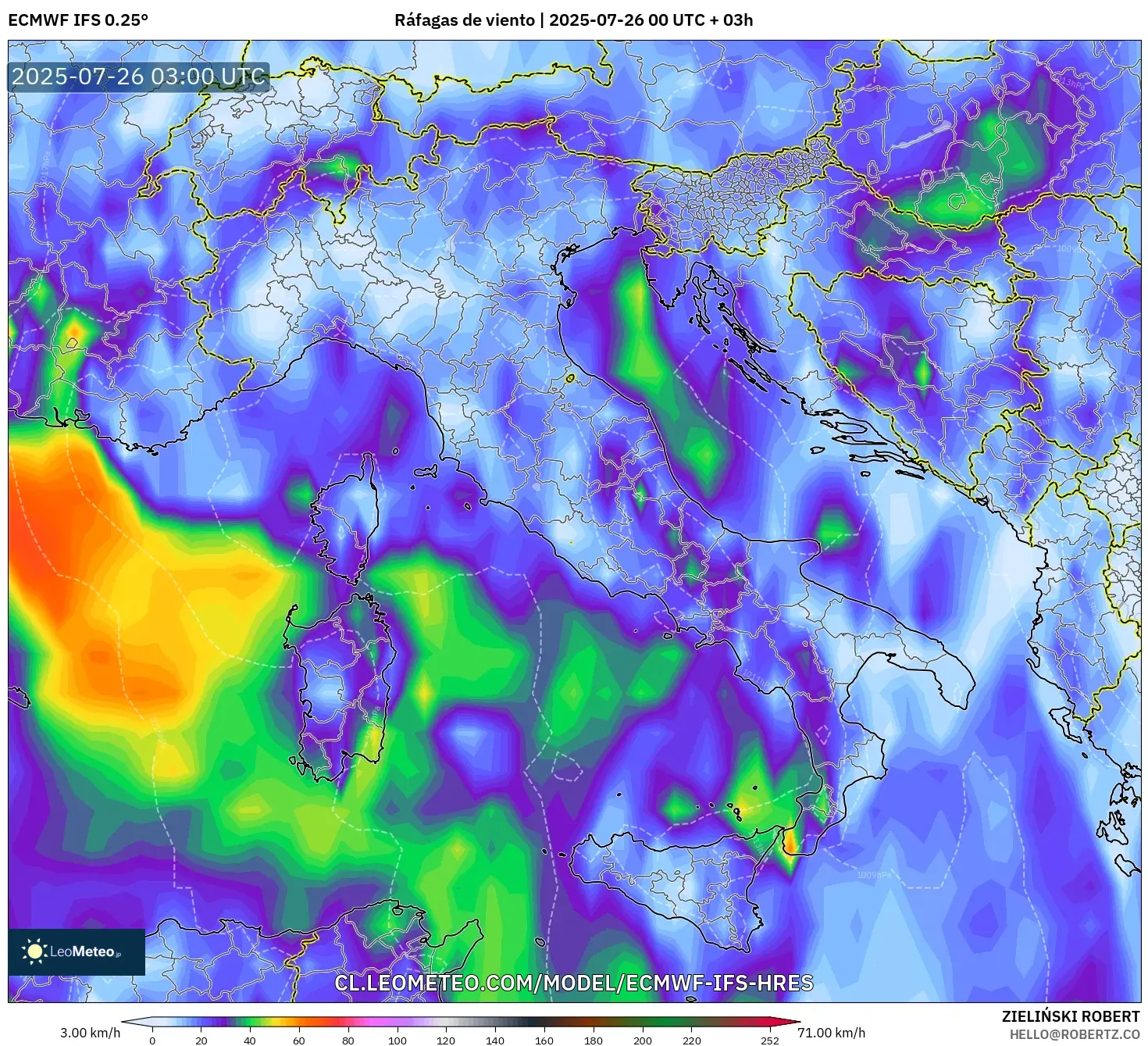 ECMWF IFS 0.25° model - Italia, Ráfagas de viento